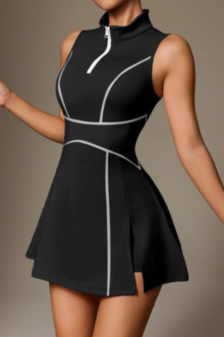 Women's Half Zip Stand Collar Stripe Contrast Dress